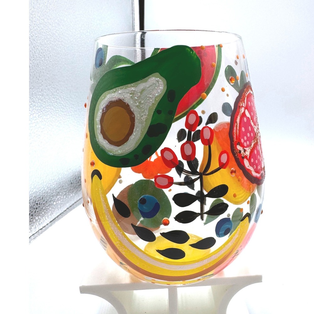 Lolita Tropical Fruit Stemless Wine Glass Hand Painted Glitter Jeweled 4.5in